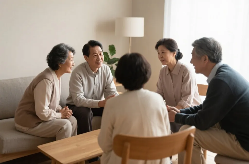 家庭成员围绕老人商讨，氛围理性